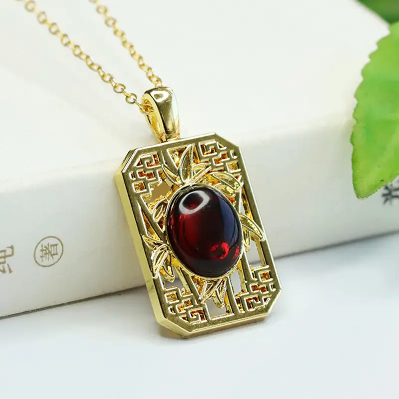 Aiyu Natural Amber Bamboo Square Pendant Necklace Ethnic Style - Image 4