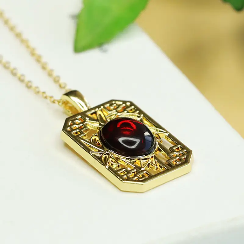 Aiyu Natural Amber Bamboo Square Pendant Necklace Ethnic Style - Image 5