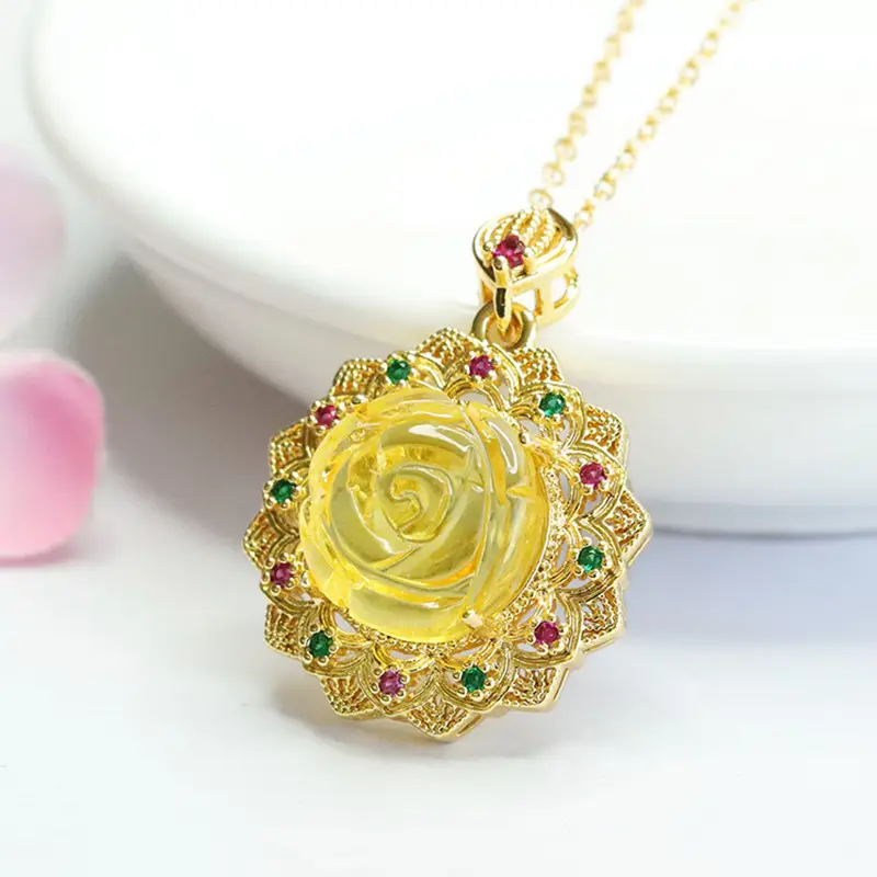 Golden Sunflower Pendant Necklace with Natural Amber Accents - Image 3