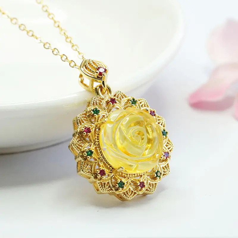 Golden Sunflower Pendant Necklace with Natural Amber Accents - Image 4