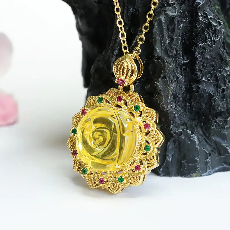 Golden Sunflower Pendant Necklace with Natural Amber Accents - Image 5