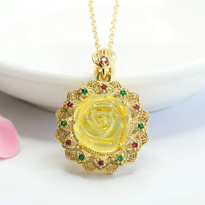 Golden Sunflower Pendant Necklace with Natural Amber Accents — feature 4