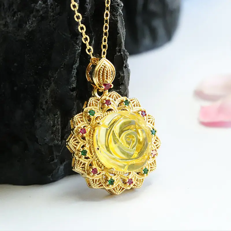 Golden Sunflower Pendant Necklace with Natural Amber Accents — feature 9