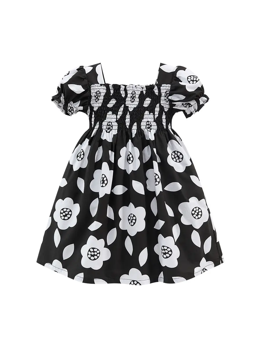 Little Maven Black Floral Cotton Girls Dress Short Sleeve