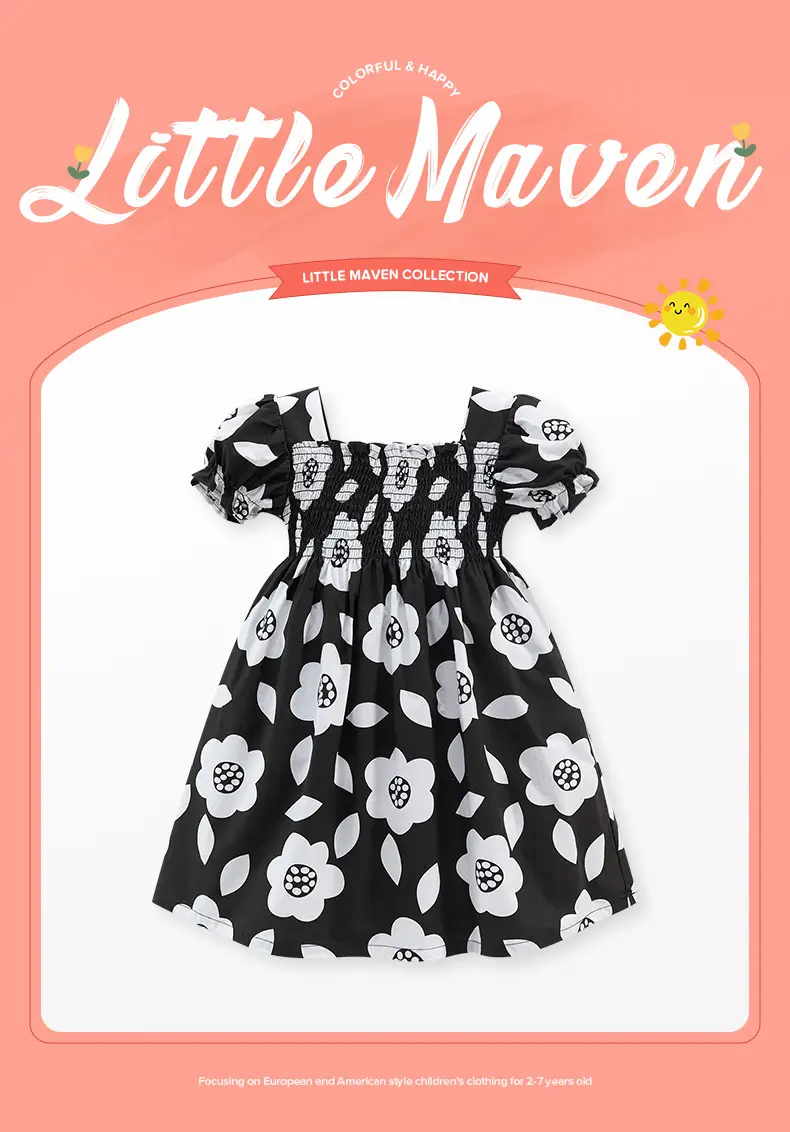 Little Maven Black Floral Cotton Girls Dress Short Sleeve — feature 2