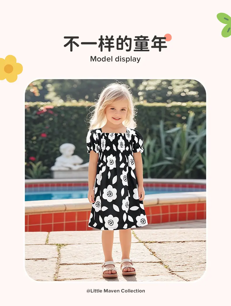 Little Maven Black Floral Cotton Girls Dress Short Sleeve — feature 5