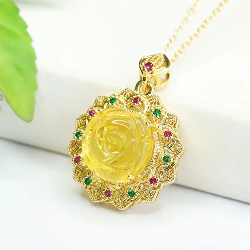 Golden Sunflower Pendant Necklace with Natural Amber - Image 3