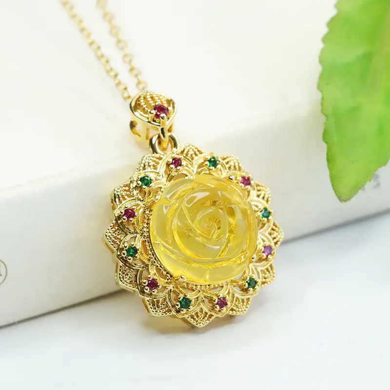 Golden Sunflower Pendant Necklace with Natural Amber - Image 4