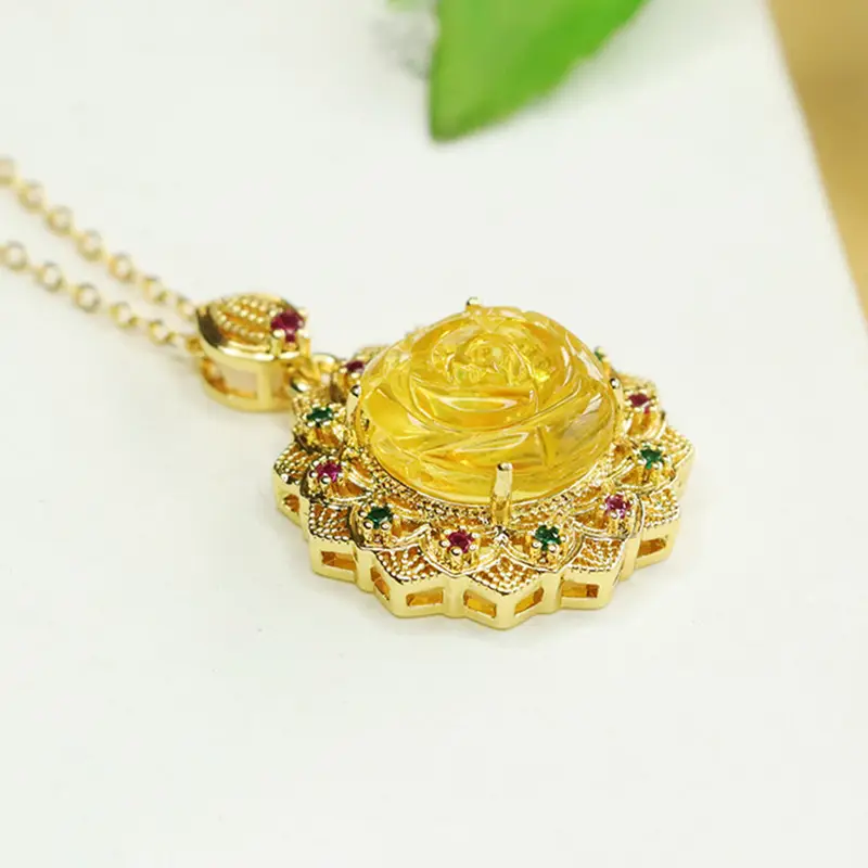 Golden Sunflower Pendant Necklace with Natural Amber - Image 5