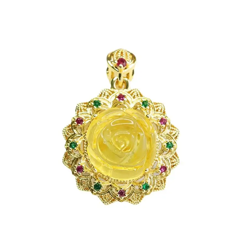Golden Sunflower Pendant Necklace with Natural Amber - Image 6