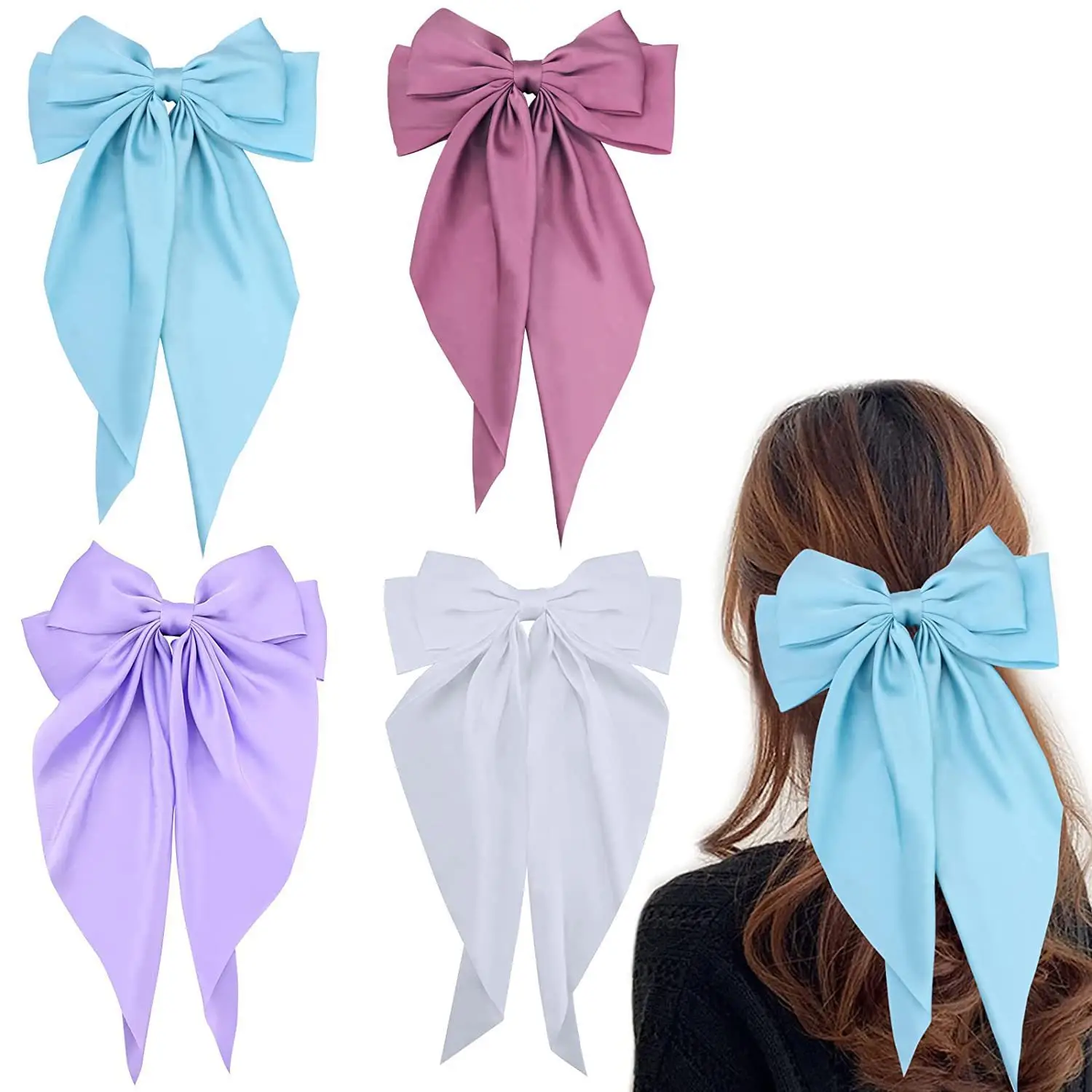 White Satin Bow Hairpin for Women — feature 5