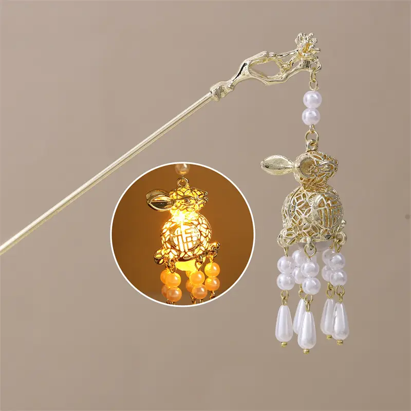 Guofeng Retro Luminous Hairpin with Rabbit Tassel - Image 11