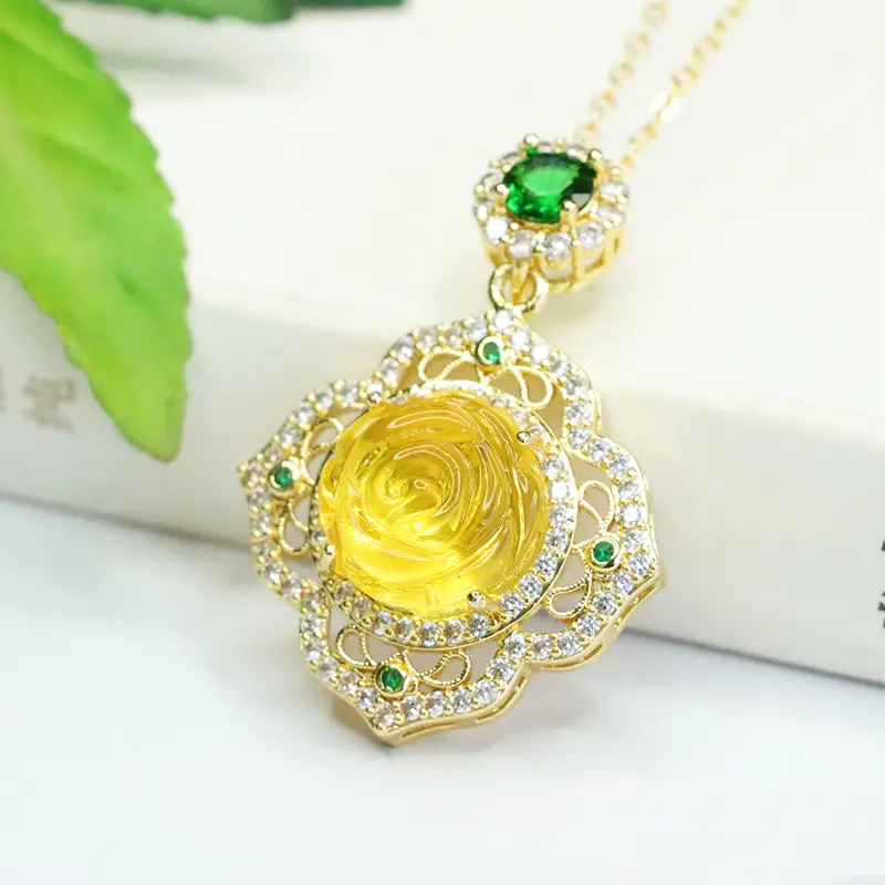 Aiyu Gold Rose Pendant Necklace with Green Stones - Image 3
