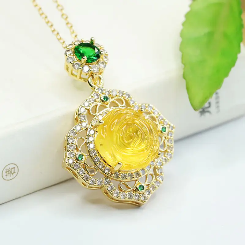 Aiyu Gold Rose Pendant Necklace with Green Stones - Image 4