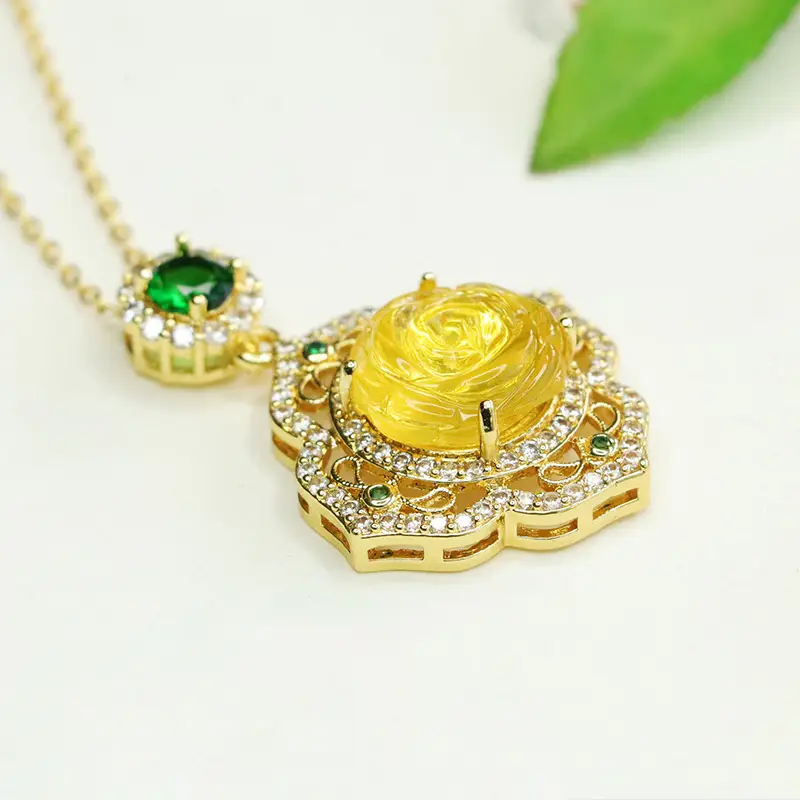 Aiyu Gold Rose Pendant Necklace with Green Stones - Image 5