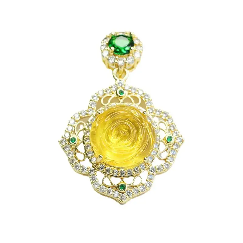 Aiyu Gold Rose Pendant Necklace with Green Stones - Image 6