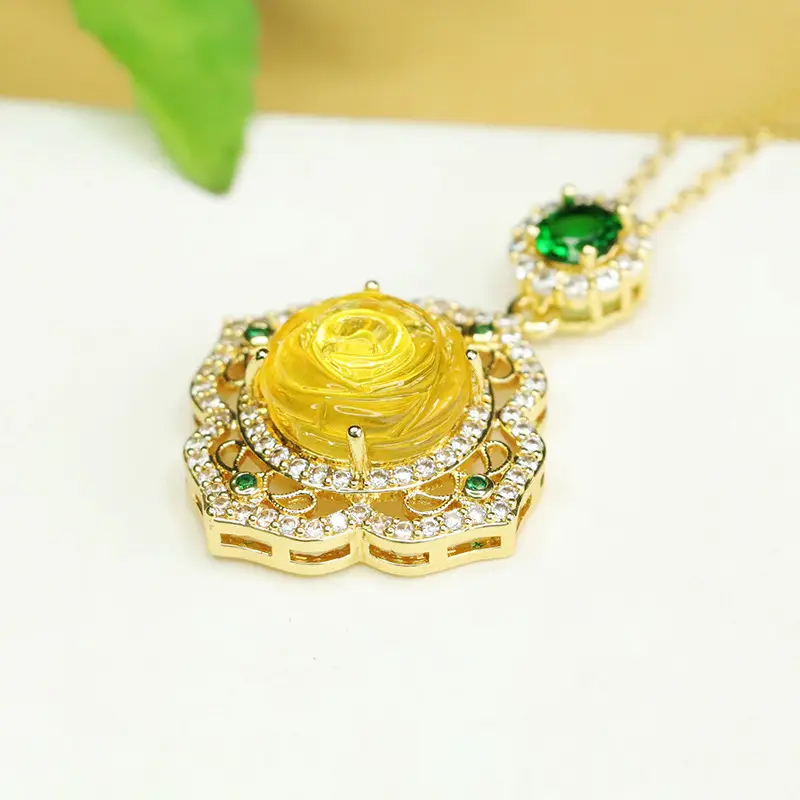 Aiyu Gold Rose Pendant Necklace with Green Stones — feature 9