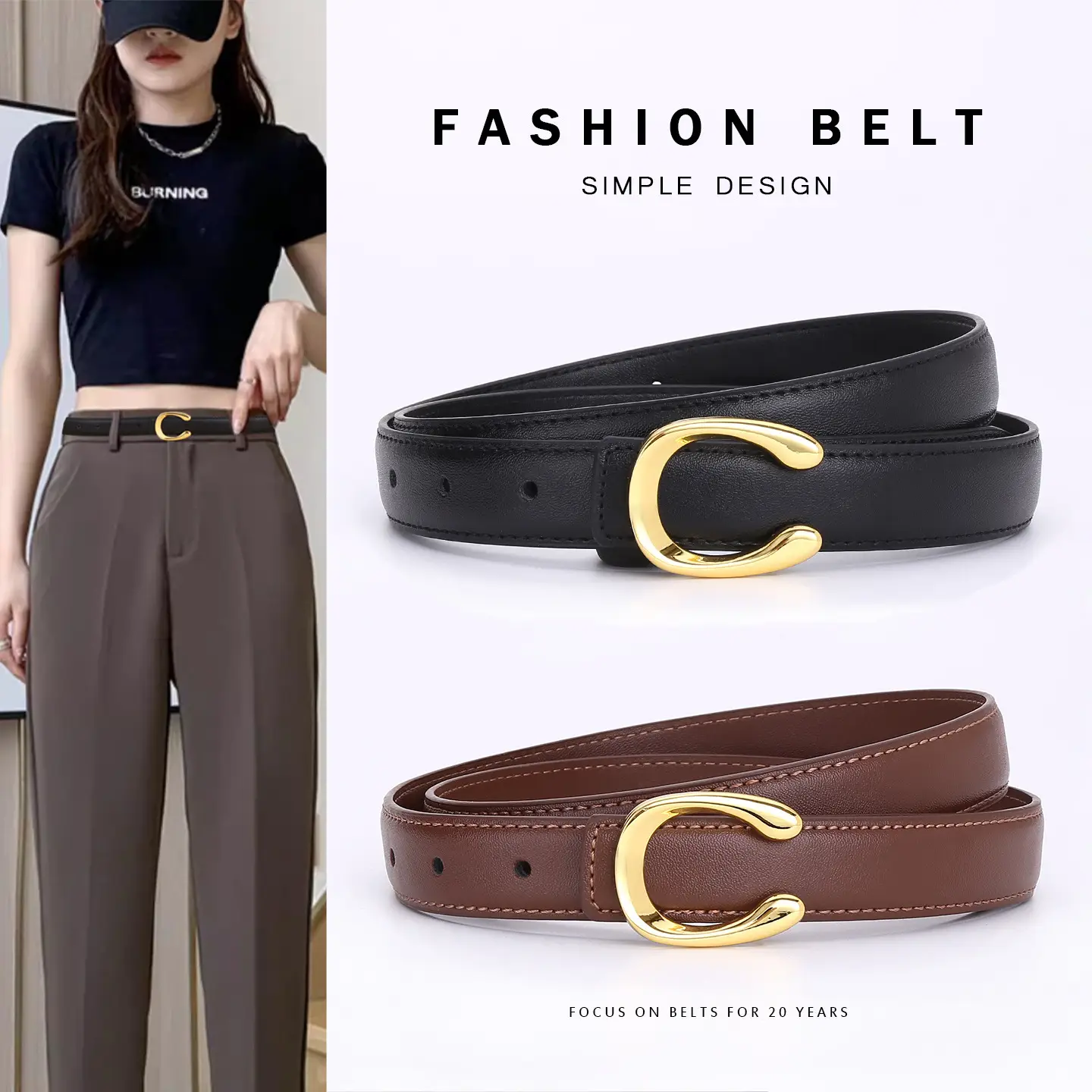 Women's Letter C Belt Black Brown Fashion Decorative - Image 7
