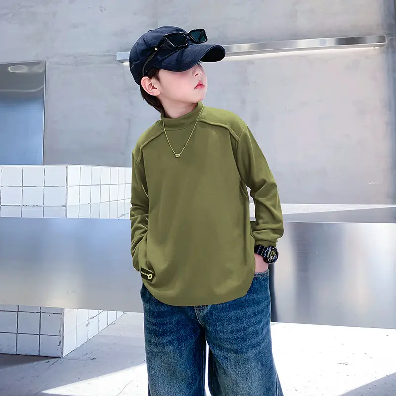 Boys Half-Turtleneck Winter T-Shirt Olive Green - Image 3