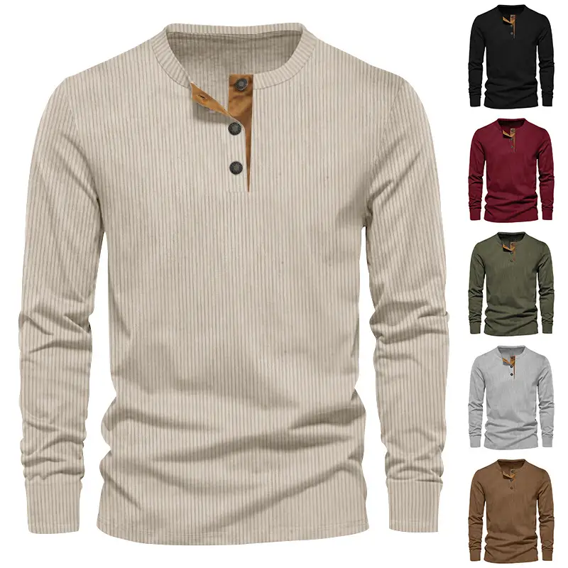Men's Maroon Corduroy Long Sleeve T-Shirt - Image 7