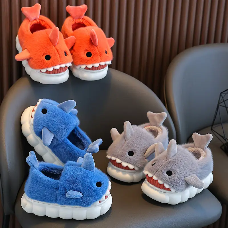Children's Cotton Slippers, Winter Waterproof, Indoor Non-Slip, Boys' Cute Shark Baby Cartoon, Medium and Large Children's Cotton Slippers