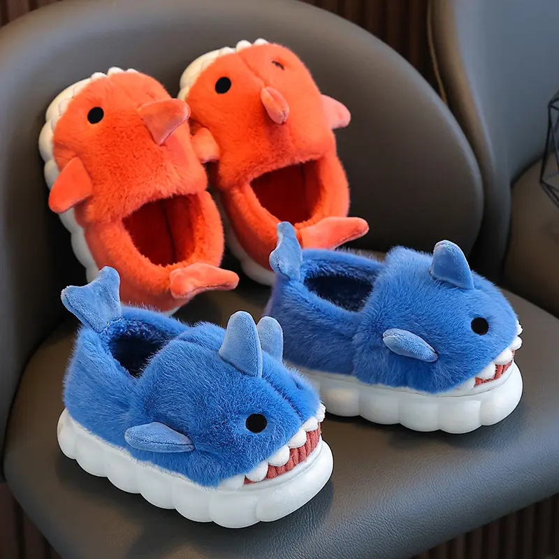 Children's Cotton Slippers, Winter Waterproof, Indoor Non-Slip, Boys' Cute Shark Baby Cartoon, Medium and Large Children's Cotton Slippers
