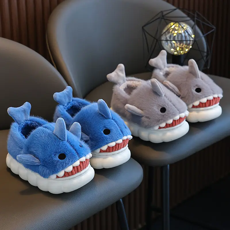 Children's Cotton Slippers, Winter Waterproof, Indoor Non-Slip, Boys' Cute Shark Baby Cartoon, Medium and Large Children's Cotton Slippers