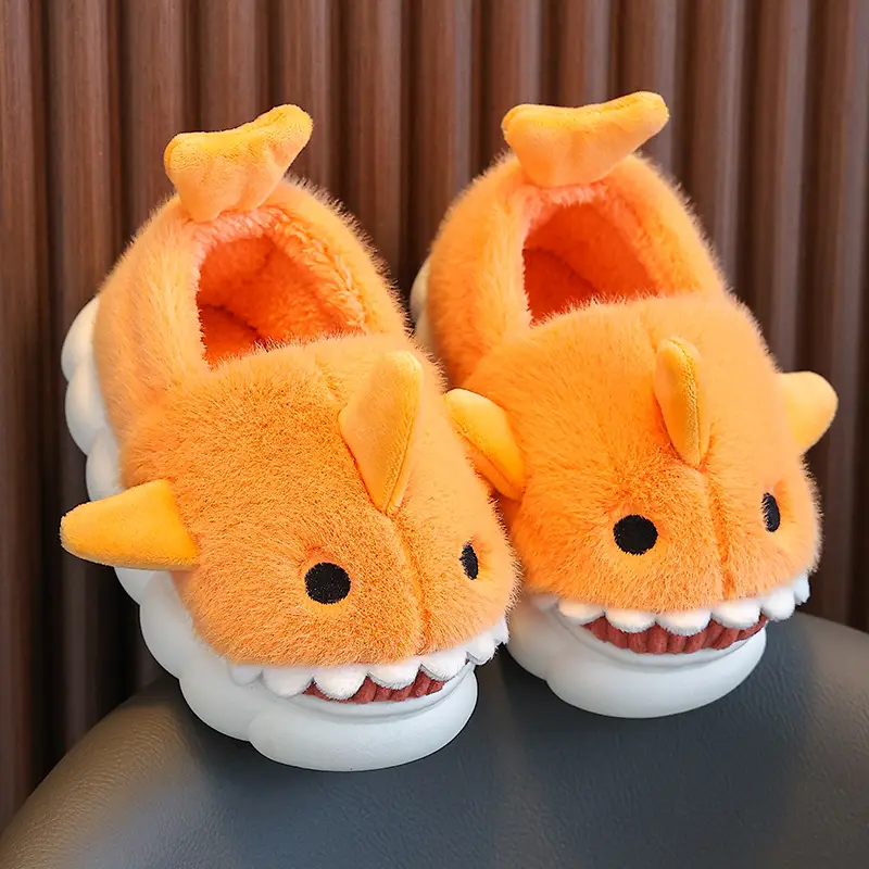 Children's Cotton Slippers, Winter Waterproof, Indoor Non-Slip, Boys' Cute Shark Baby Cartoon, Medium and Large Children's Cotton Slippers