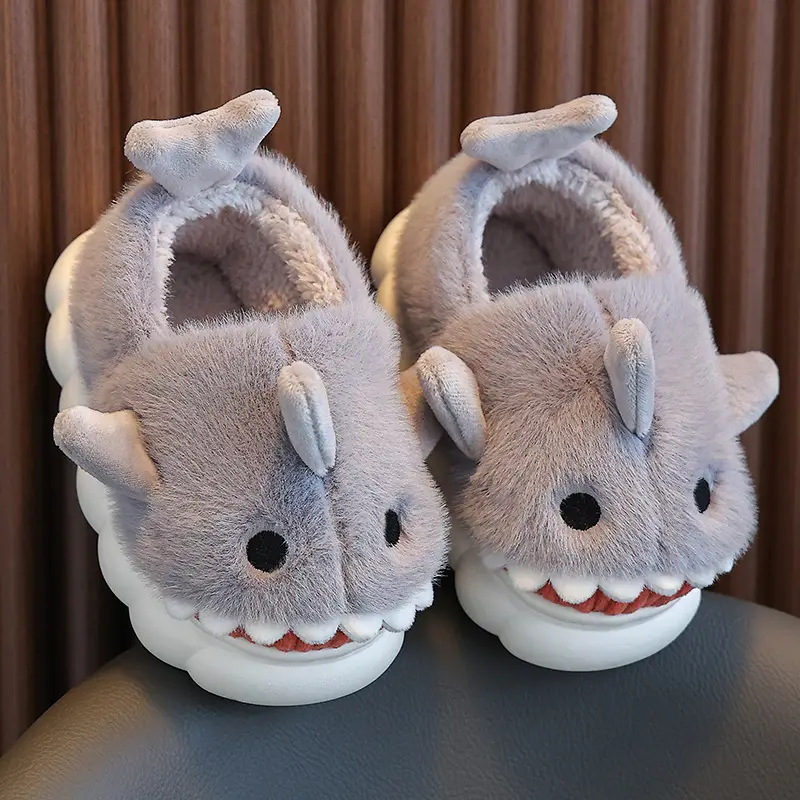 Children's Cotton Slippers, Winter Waterproof, Indoor Non-Slip, Boys' Cute Shark Baby Cartoon, Medium and Large Children's Cotton Slippers
