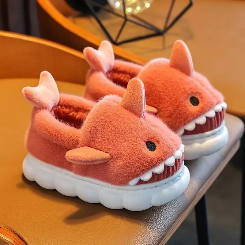 Children's Cotton Slippers, Winter Waterproof, Indoor Non-Slip, Boys' Cute Shark Baby Cartoon, Medium and Large Children's Cotton Slippers