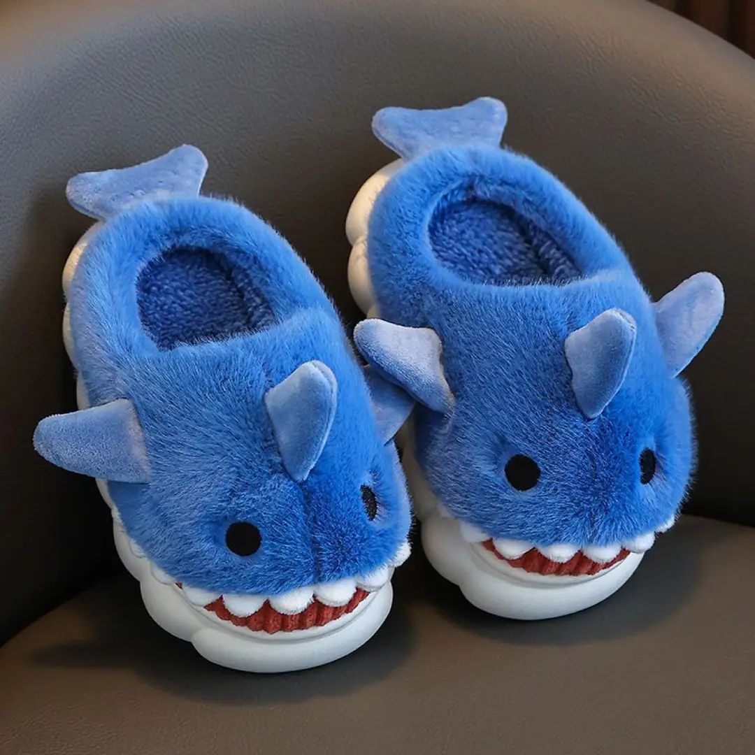 Children's Cotton Slippers, Winter Waterproof, Indoor Non-Slip, Boys' Cute Shark Baby Cartoon, Medium and Large Children's Cotton Slippers