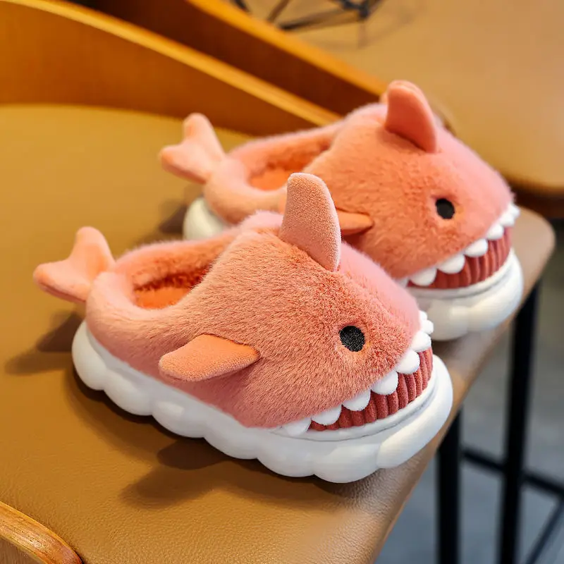 Children's Cotton Slippers, Winter Waterproof, Indoor Non-Slip, Boys' Cute Shark Baby Cartoon, Medium and Large Children's Cotton Slippers