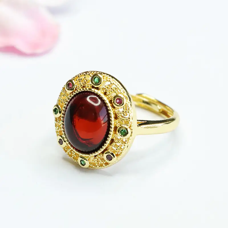 Guan Yu Natural Amber Ring Ethnic Style Gold Plated - Image 3