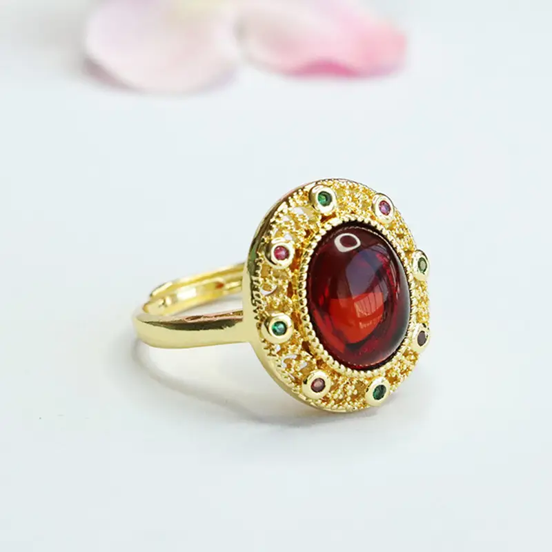 Guan Yu Natural Amber Ring Ethnic Style Gold Plated - Image 4