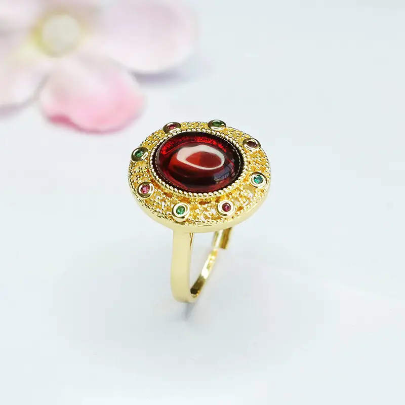 Guan Yu Natural Amber Ring Ethnic Style Gold Plated - Image 5