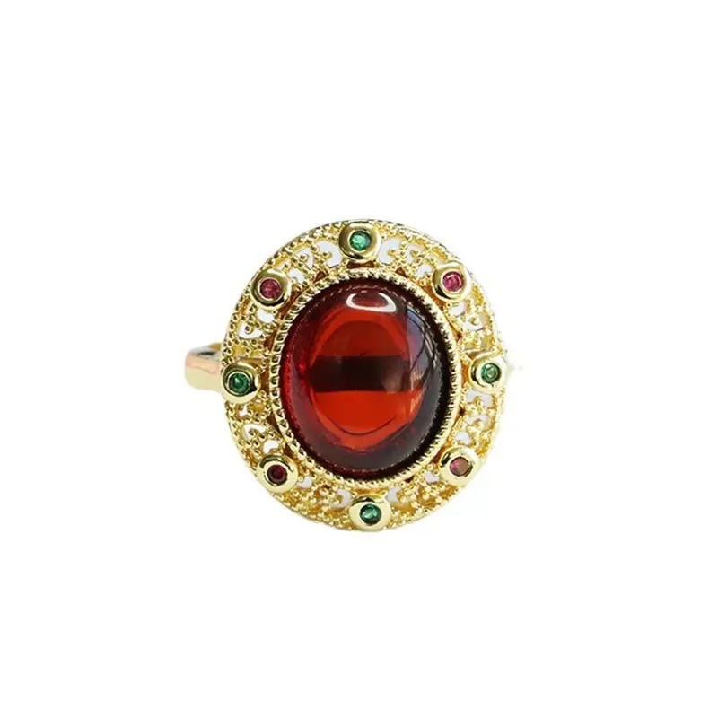 Guan Yu Natural Amber Ring Ethnic Style Gold Plated - Image 6