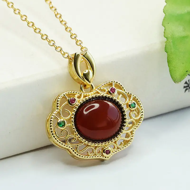 Aiyu Natural Amber Pendant Necklace Blood Red Ruyi Jewelry - Image 3