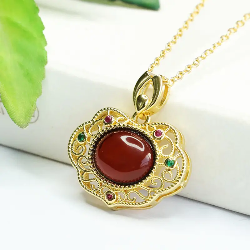 Aiyu Natural Amber Pendant Necklace Blood Red Ruyi Jewelry - Image 4