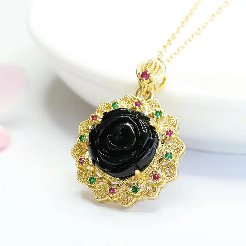 Guan Yu Rose Pendant Necklace Gold Black Amber Sunflower Design - Image 3