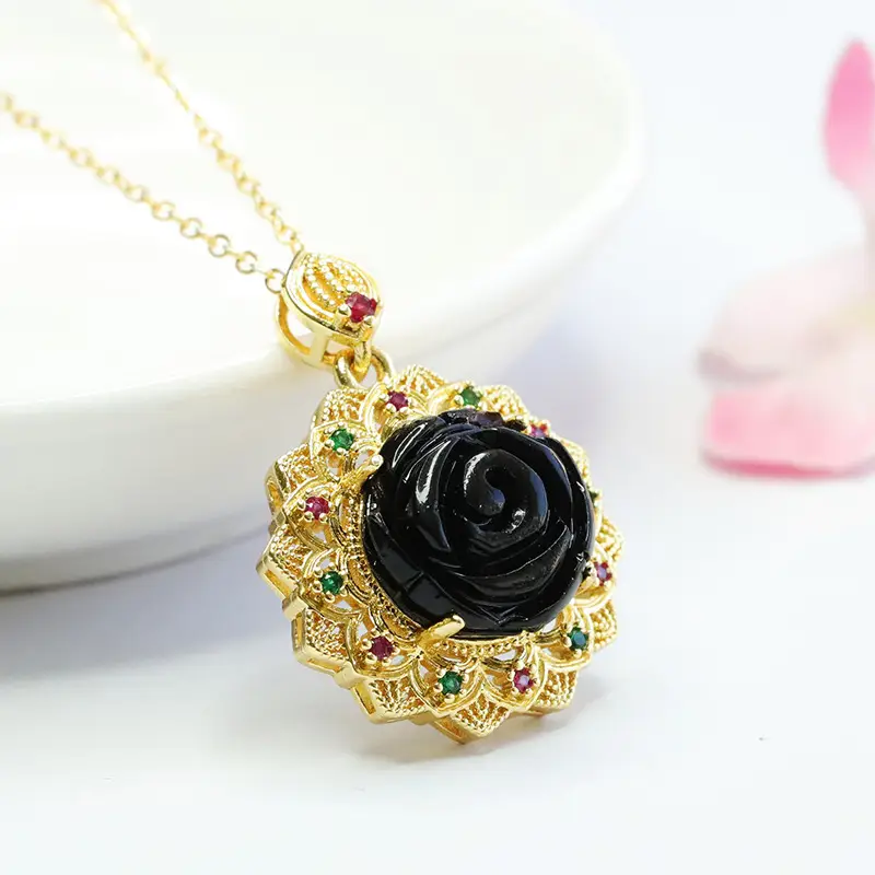 Guan Yu Rose Pendant Necklace Gold Black Amber Sunflower Design - Image 4
