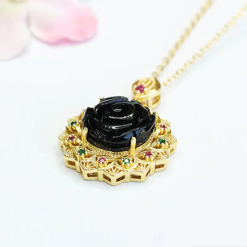 Guan Yu Rose Pendant Necklace Gold Black Amber Sunflower Design - Image 5