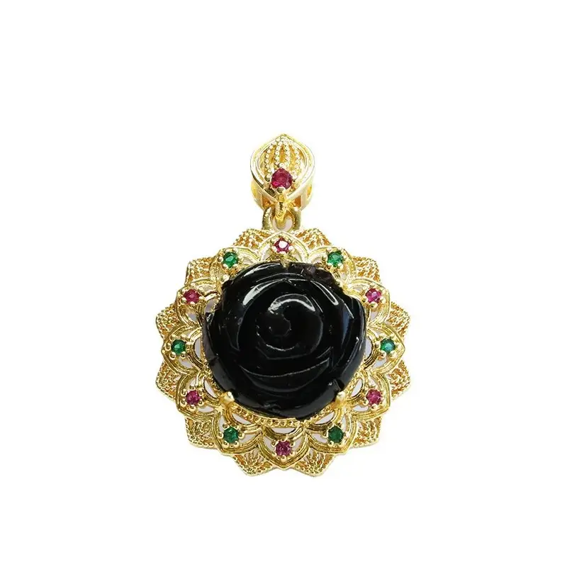 Guan Yu Rose Pendant Necklace Gold Black Amber Sunflower Design - Image 6