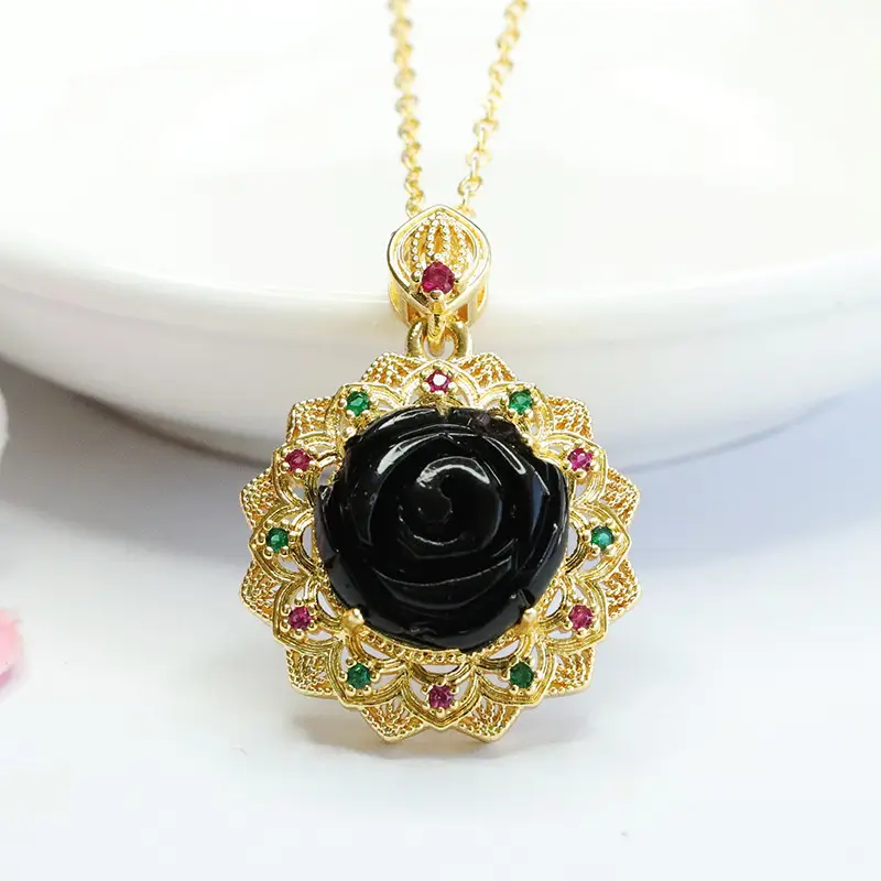 Guan Yu Rose Pendant Necklace Gold Black Amber Sunflower Design — feature 4