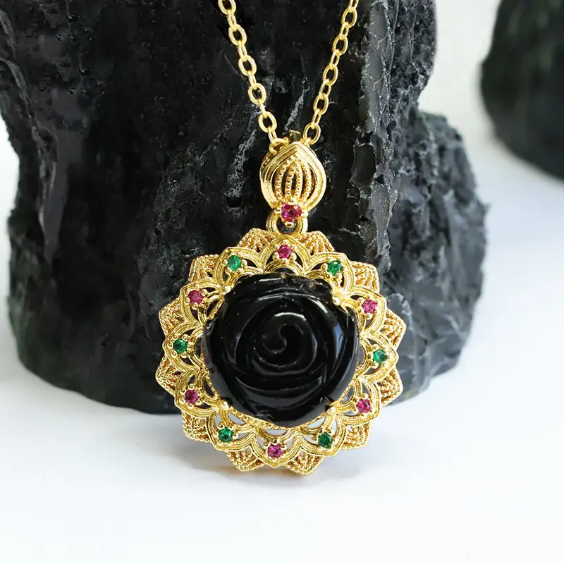 Guan Yu Rose Pendant Necklace Gold Black Amber Sunflower Design — feature 7
