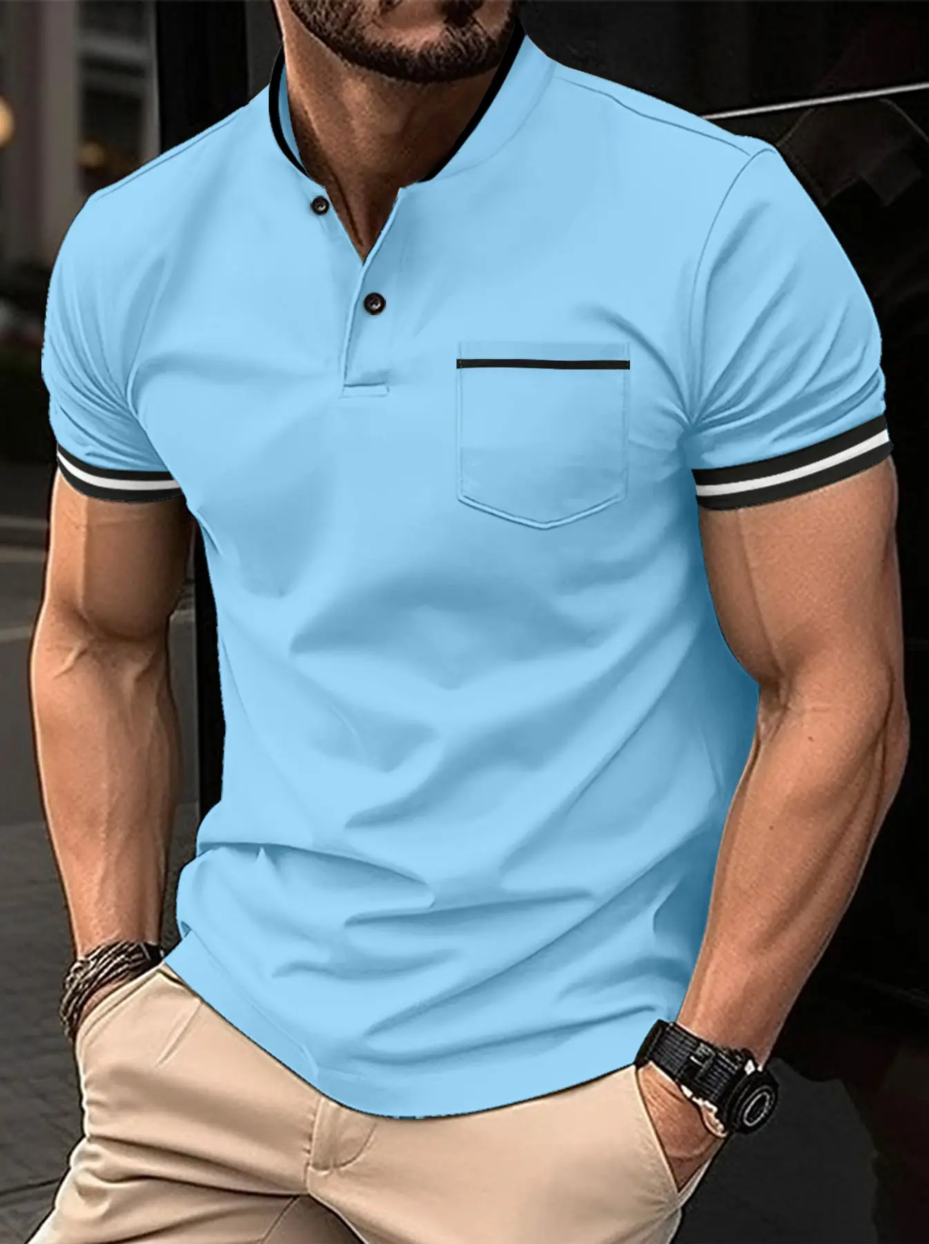 Men's Light Blue Polo Shirt with Flap Pocket & Stand-Up Collar - Image 9
