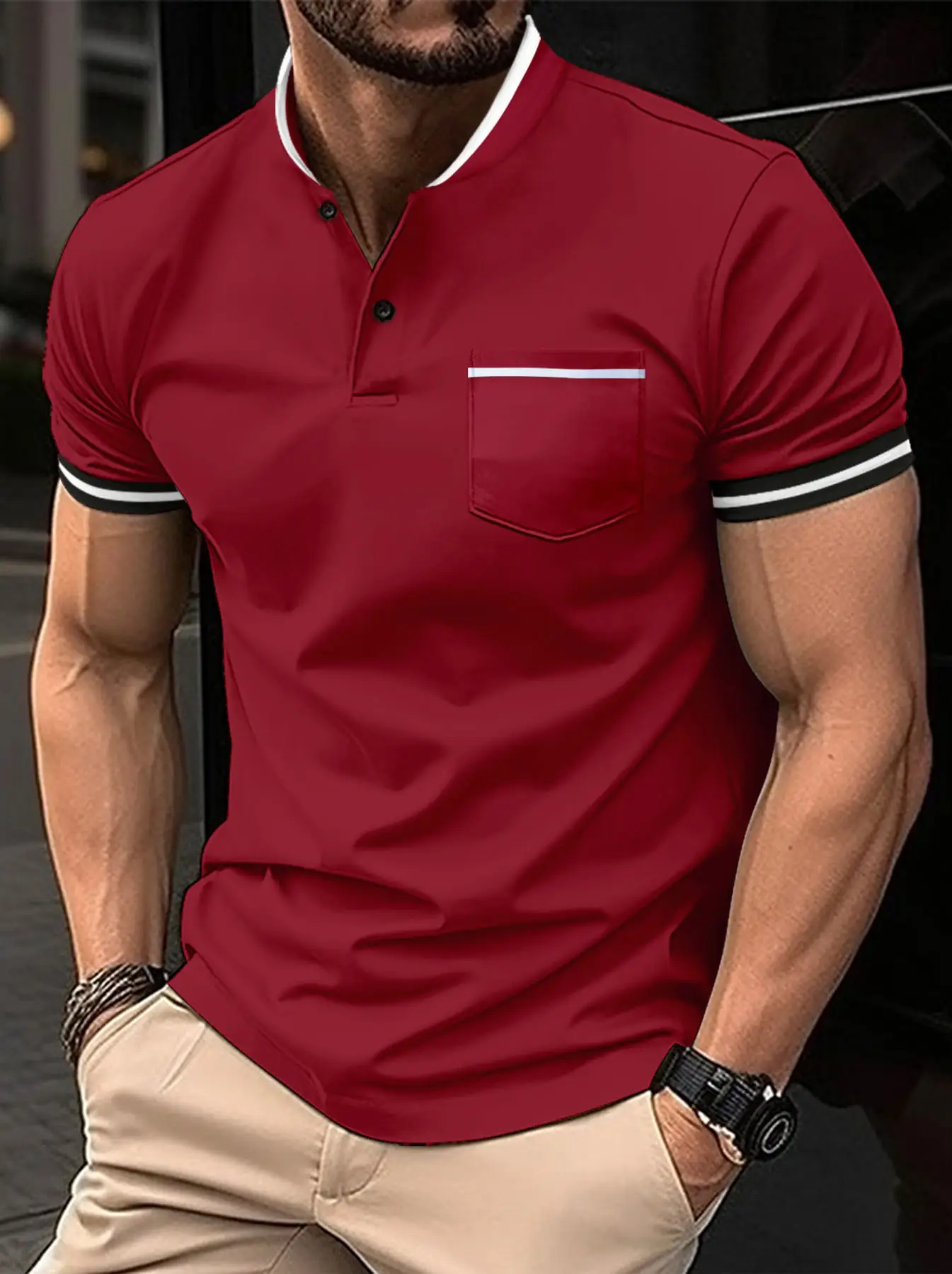 Men's Light Blue Polo Shirt with Flap Pocket & Stand-Up Collar - Image 11