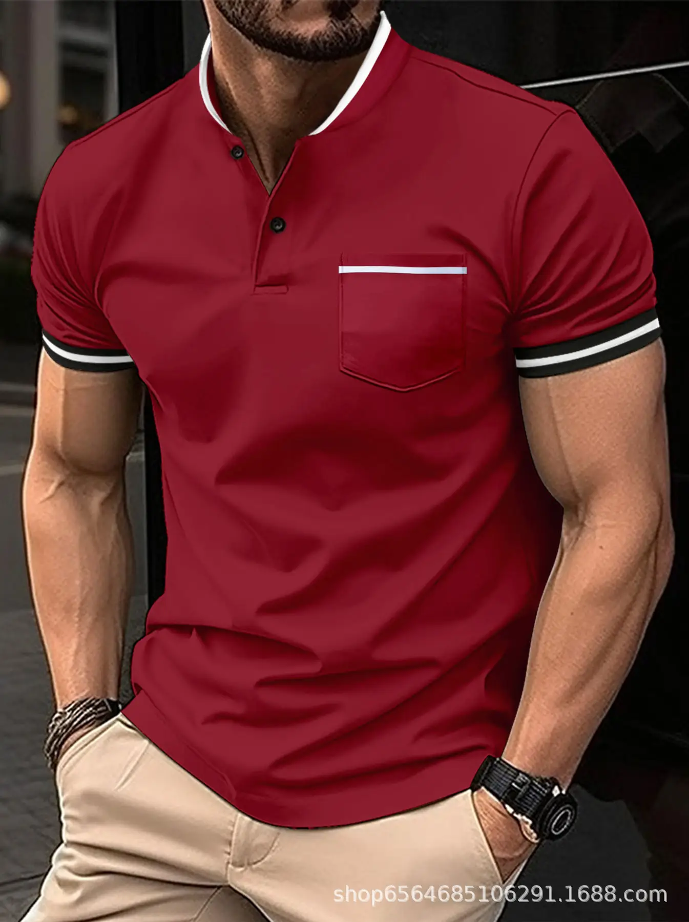 Men's Light Blue Polo Shirt with Flap Pocket & Stand-Up Collar — feature 5