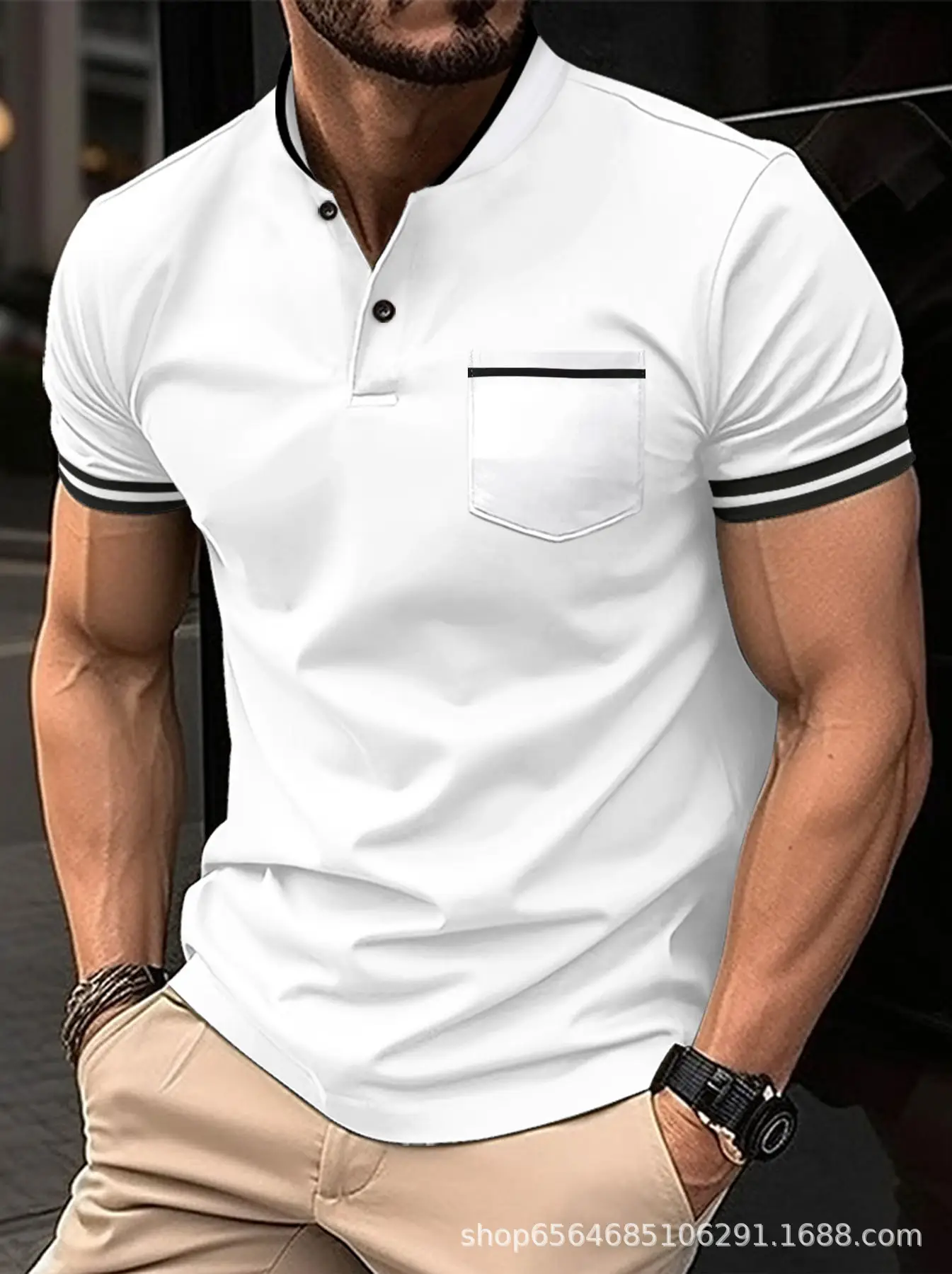 Men's Light Blue Polo Shirt with Flap Pocket & Stand-Up Collar — feature 7