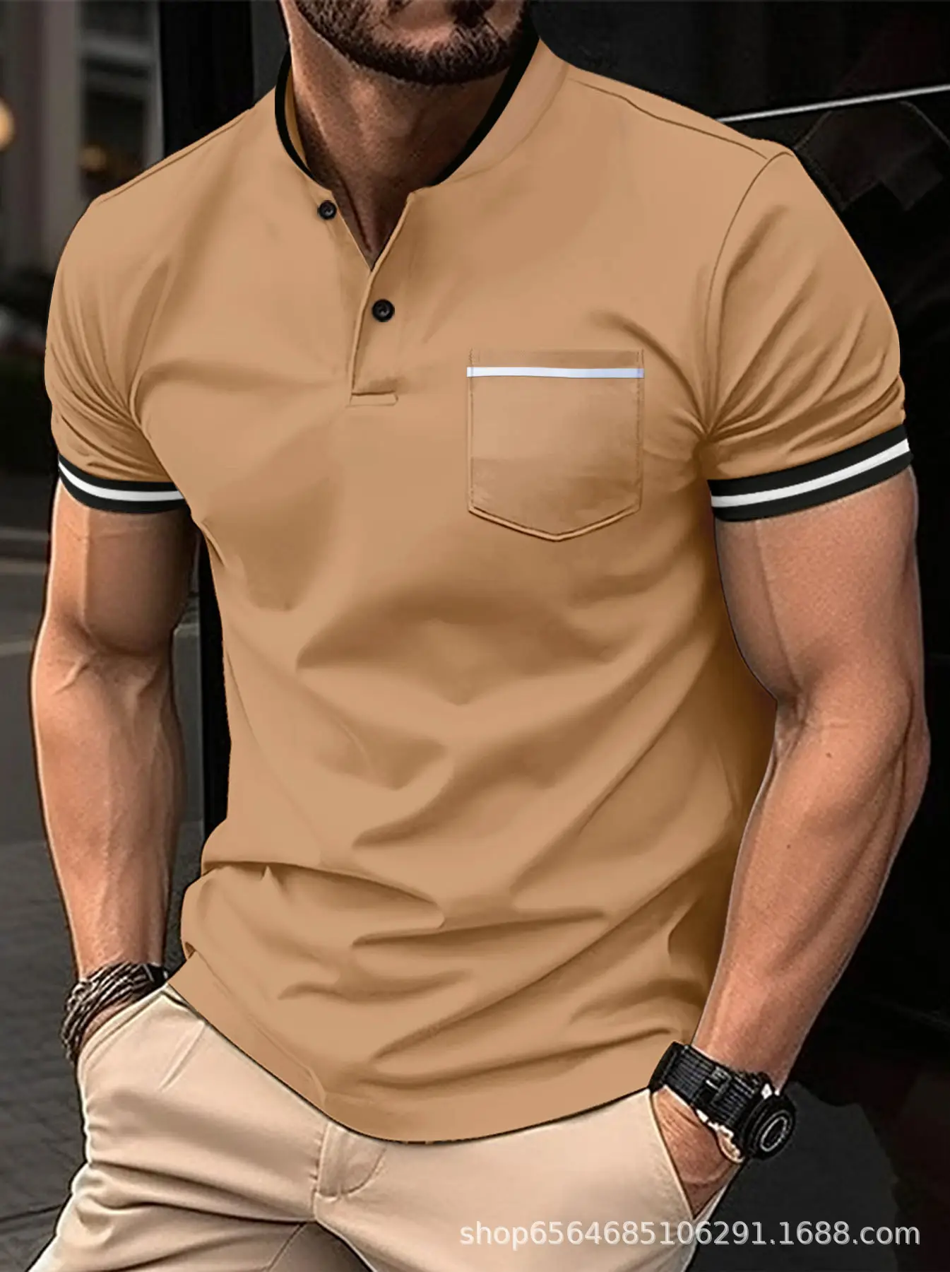 Men's Light Blue Polo Shirt with Flap Pocket & Stand-Up Collar - Image 3