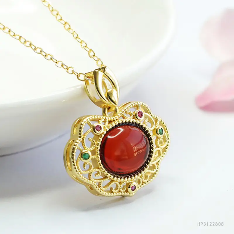 Guan Yu Natural Amber Pendant Necklace Blood Red Ruyi Jewelry - Image 3